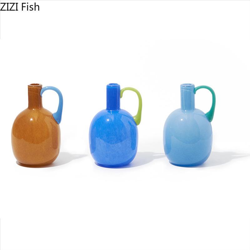 Single Handle Colorful Glass Vase Hydroponic Plant Pot Table Decoration Flower Arrangement Floral Vases Room Aesthetic Decor