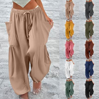 Женские брюки больших размеров с широкими штанинами и средней талией, летние мешковатые брюки с карманами