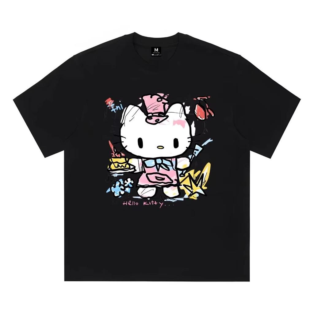2026 Summer Hello Kitty Pastry Chef Tshirt High Quality Cotton Graffiti Cake Print Unisex Y2K Casual Tee