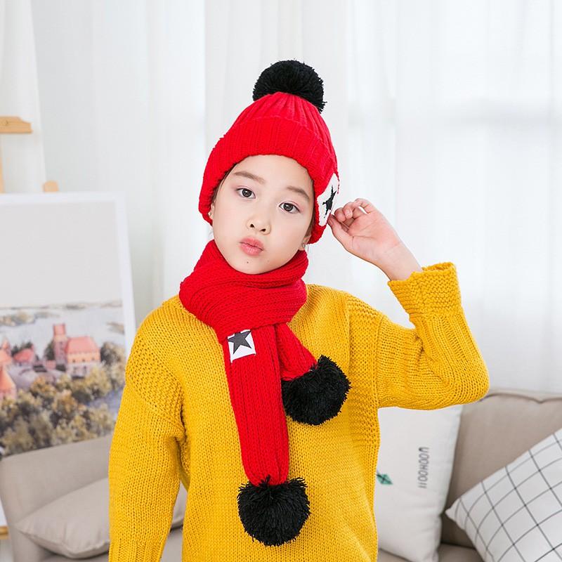 Kids Winter Knit Beanie Set With Star Pom Wide Brim Warm Hat Outdoor Skiing Cycling Ages 4-10