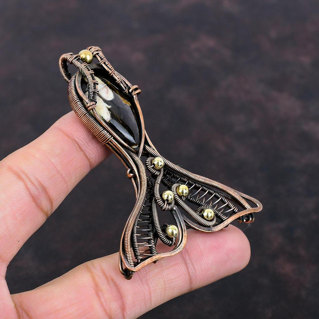 Peanut Wood Jasper Pendant Copper Wire Wrapped Pendant Fish Pendant Gemstone Copper Jewelry Gift For Her Handmade Pendant Wire Wrap Jewelry