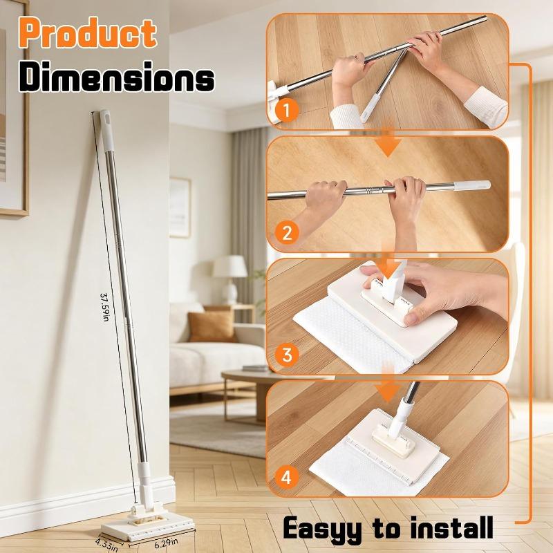 Automatic Cloth Changing Hands-Free Mini Mop, Snap Grip Lazy Mops ,Disposable Dust Mop with 4 Reusable Cloths, 360°Rotating Head Long Handle Stick