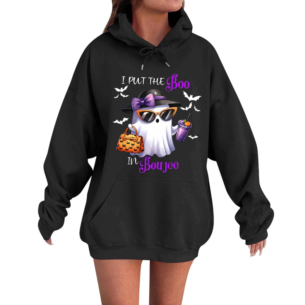 Женская повседневная модная удобная толстовка с круглым вырезом, капюшоном и длинными рукавами с принтом на Хэллоуин, теплая