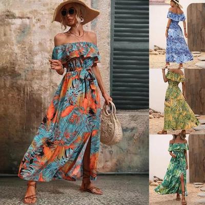 Летнее женское повседневное платье на одно плечо без рукавов с цветочным принтом, завышенной талией, А-силуэта, с поясом, разрезом до щиколотки, весеннее платье с воротником