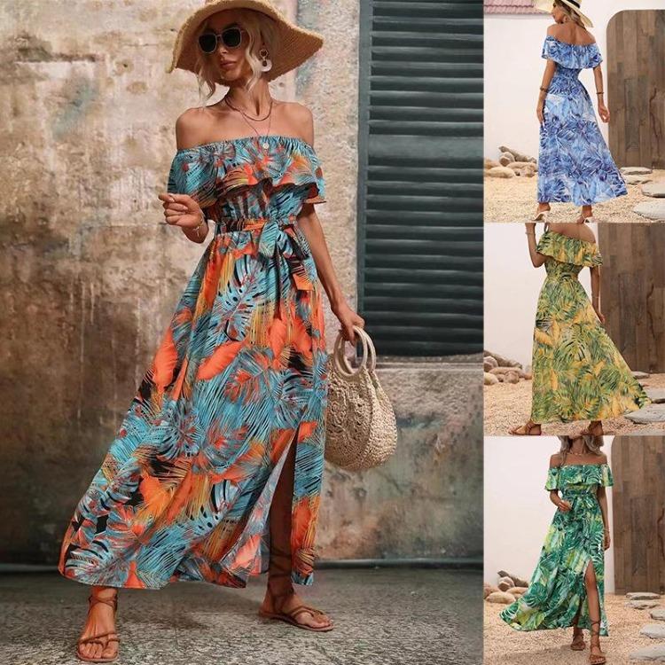 Women Summer Casual One Shoulder Sleeveless Flower Print Dress High Waist A-Line Belt Slit Ankle-Length Collar Dresses Spring