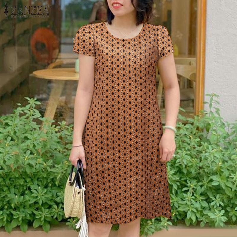 ZANZEA Женское повседневное платье с круглым вырезом и коротким рукавом в стиле ретро с принтом