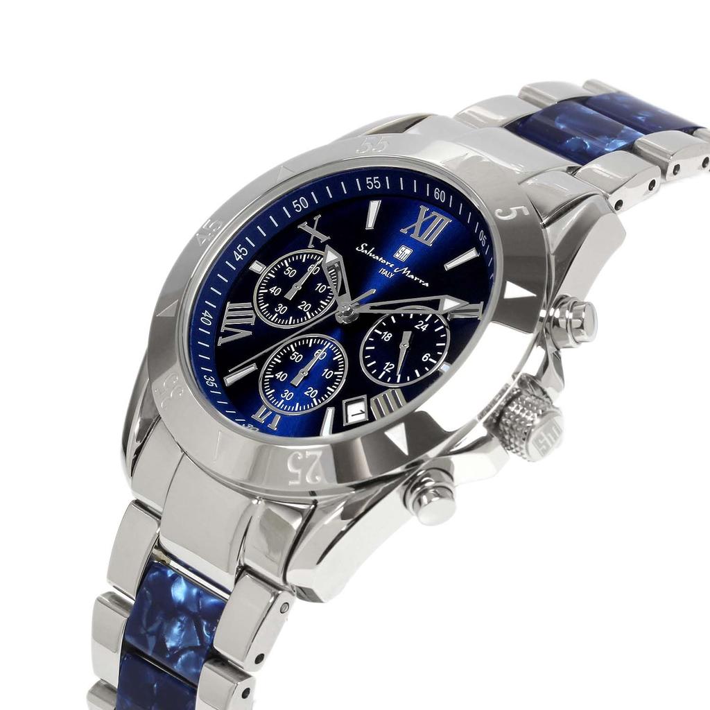 Salvatore Marra Часы Хронограф Ацетат Комбинированный Ремешок Модель Ограниченного Выпуска к 20-летию Рейтинг Бренда Часы Подарок Синий Серебристый [Salvatore Mara] Мужские