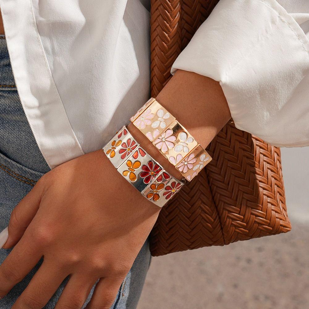 Металлический браслет-капля масла с цветком, серебряные эластичные браслеты, геометрический квадратный браслет, украшение