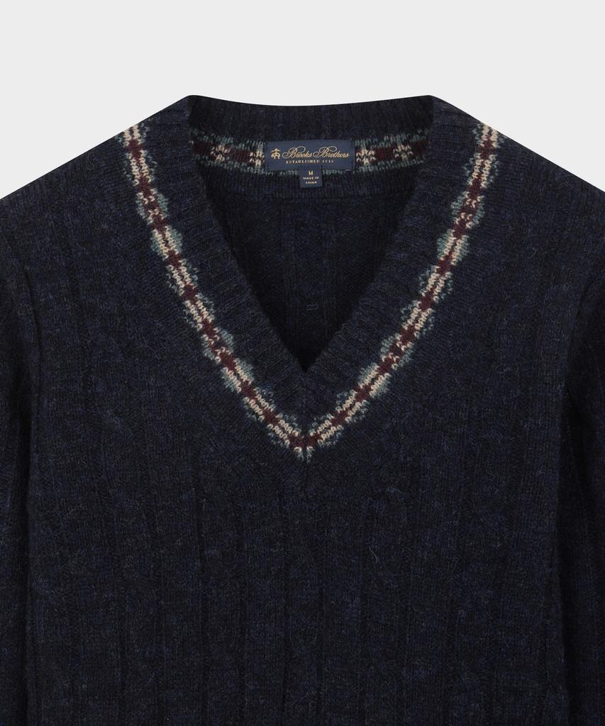 BROOKS BROTHERS Wool Cable V-Neck Sweater (Navy) (Bbwnmmf401)