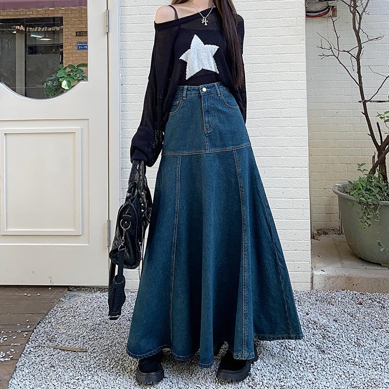 Women Denim High Waist Long Skirt Casual Patchwork A-line Maxi Skirts Elegant Autumn Winter
