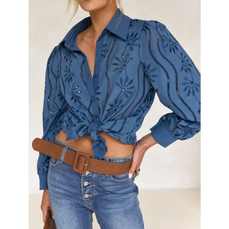 Elegant Loose Fashion Lace Women Shirt Casual Hollow Out Puff Long Sleeve Top Single-breasted Office Blouse Solid Sweet Simple Lapel Women's Clothing