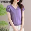 Женская вязаная футболка Летняя футболка для мамы среднего возраста Летняя одежда Футболка с коротким рукавом Женская футболка с V-образным вырезом