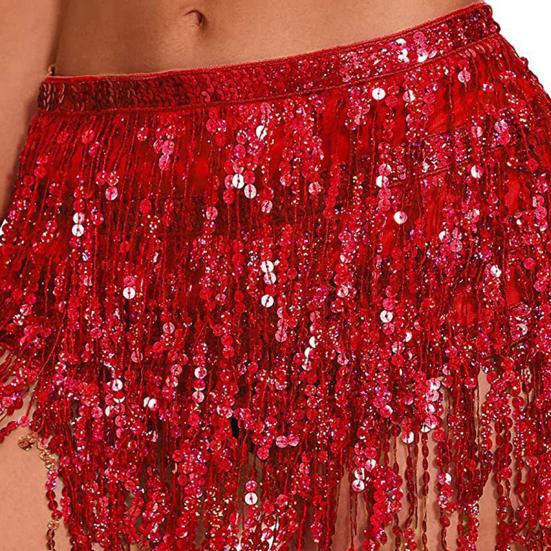 Belly Dance Sequin Tassel Skirt Sparkling Glitter Rave Fringe Mid-rise Skirt Solid Color Dance Parties Performances Skirt
