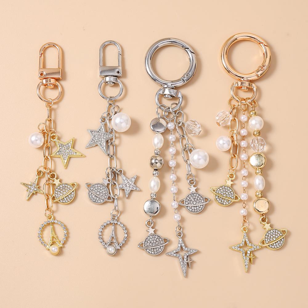 New Rhinestones Star Keychain Pearl Beaded Key Ring Pendants for Women Girls Handbag Decor DIY Handmade Jewelry Gifts
