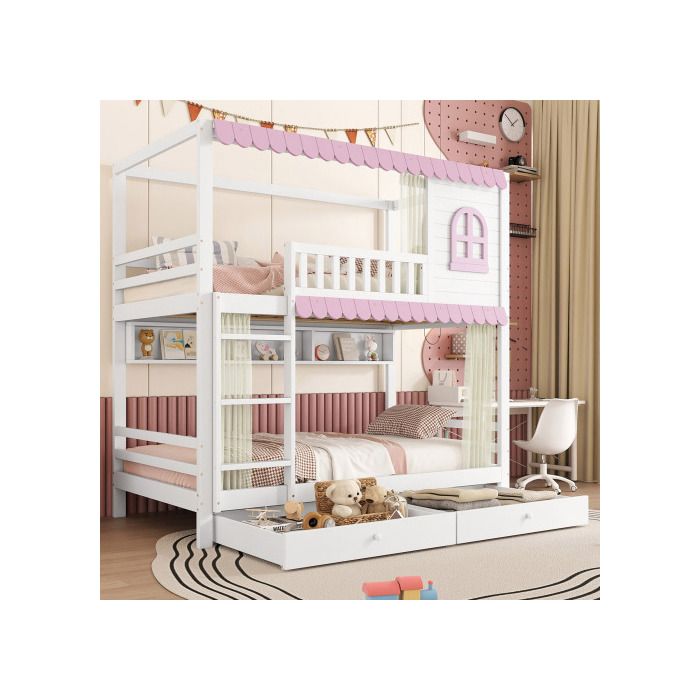 Lit superposé, lit d'enfant avec fenêtre et rideaux avec barrière de sécurité, étagères ouvertes, rampe d'accès stable