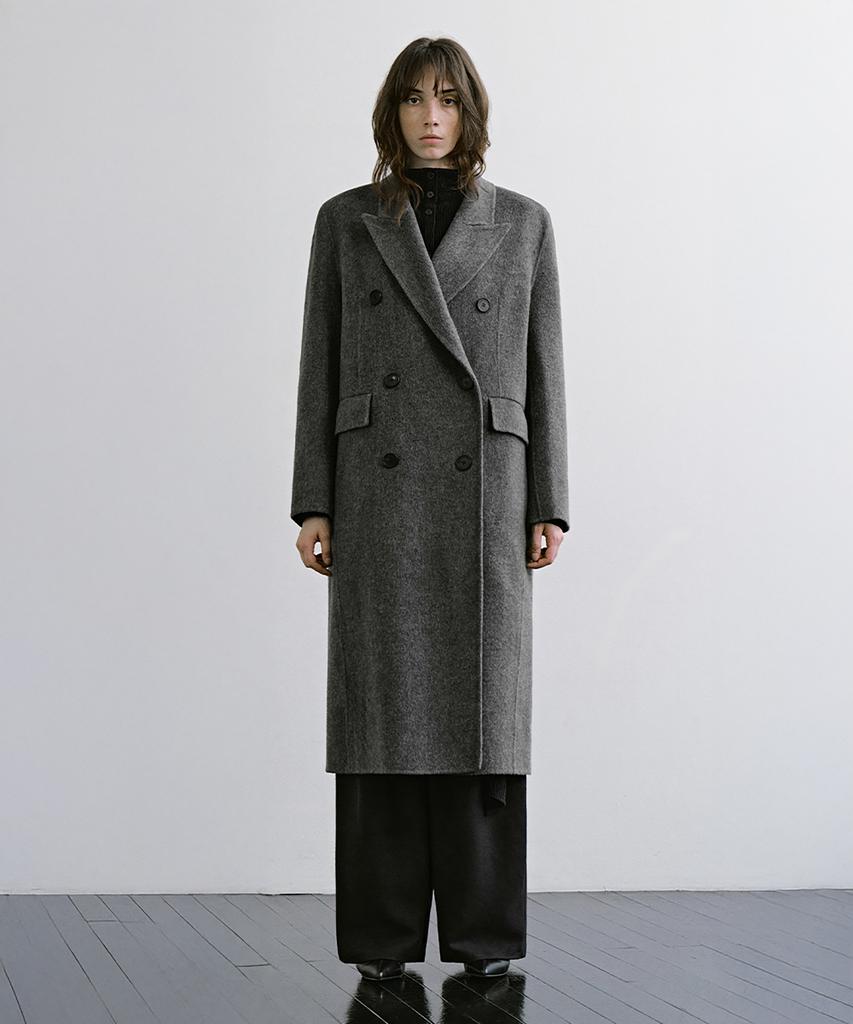 TREEMINGBIRD Peaked-Lapel Double-Breasted Handmade Coat [ Gray ]