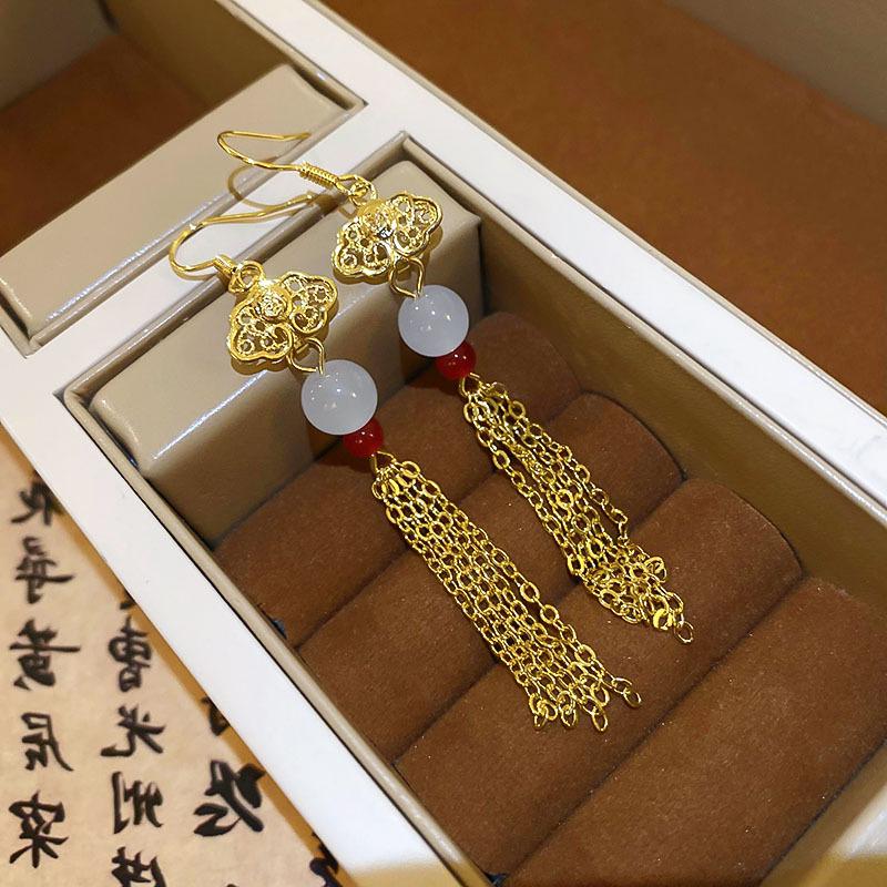 Элегантные китайские серьги-кисточки для женщин - Металлический дизайн облаков, стиль ханьфу