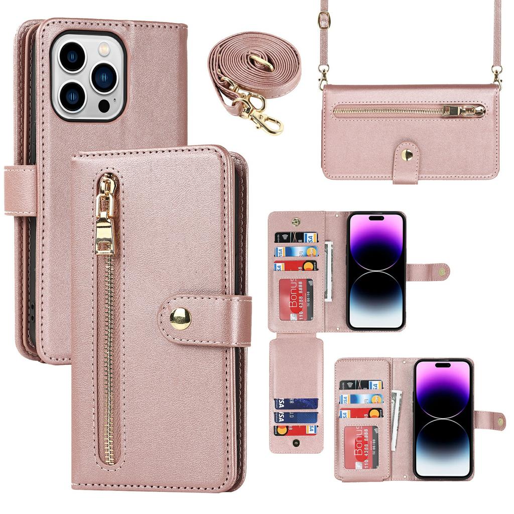 For iPhone 14 Pro Max Stand Case PU Leather Phone Cover with Straps/Zipper Wallet/Multiple Card Slots