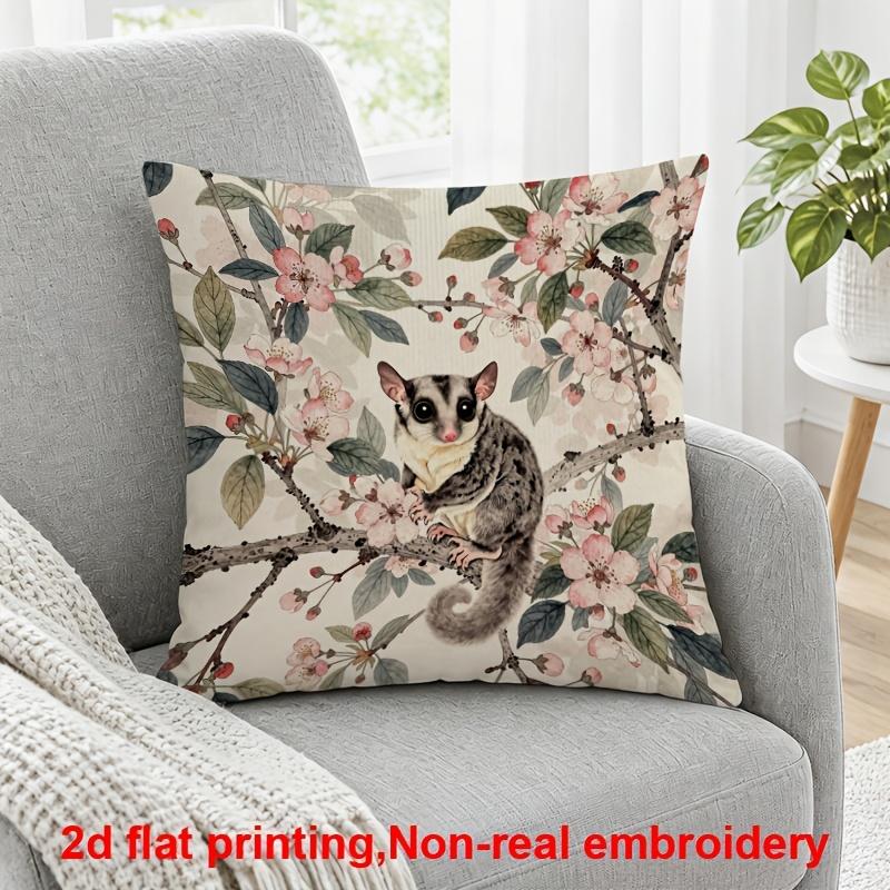 2D Flat Printing, 1pc, Sugar Glider Perched on Cherry Blossom Branch, Pillow Cover, Polyester, Modern Home Decor: Decorative Covers Suitable for All R