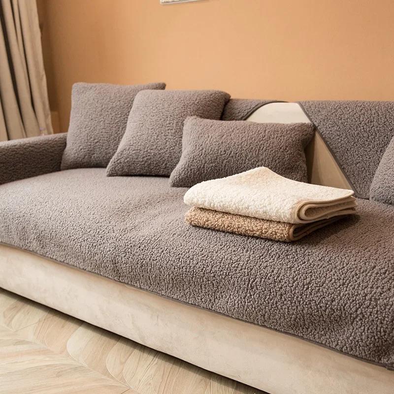 Winter Short Plush Sofa Cushion Non-slip Nordic Simple Style Sitting Cushion Four Seasons for Thickened Fabric Plush Sofa Cover