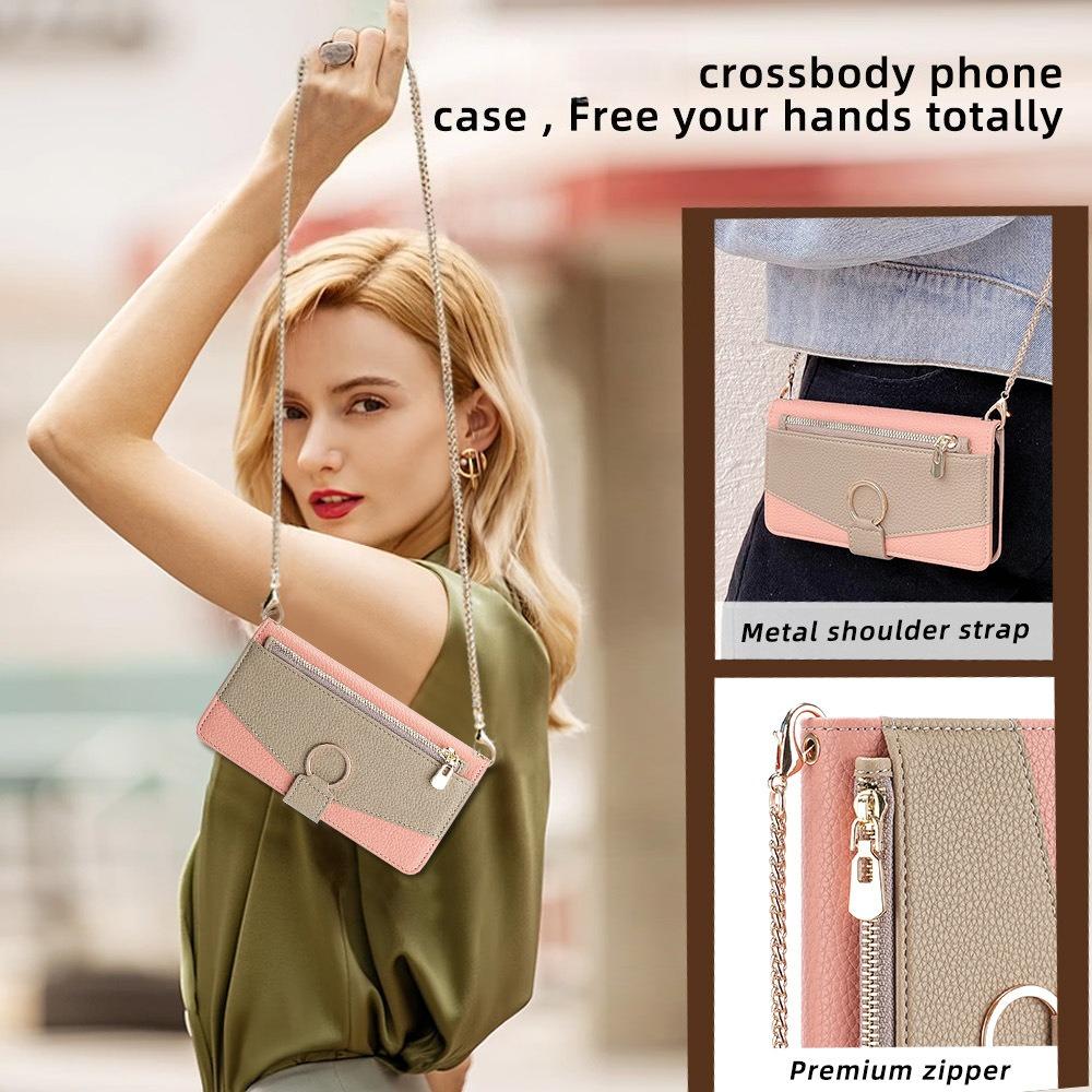 Magnetic Card Slot Mirror Leather Case for Iphone 16 Pro Max 16E 15 Plus 14 13 12 11 Long Hardware Chain Zipper Crossbody Wallet