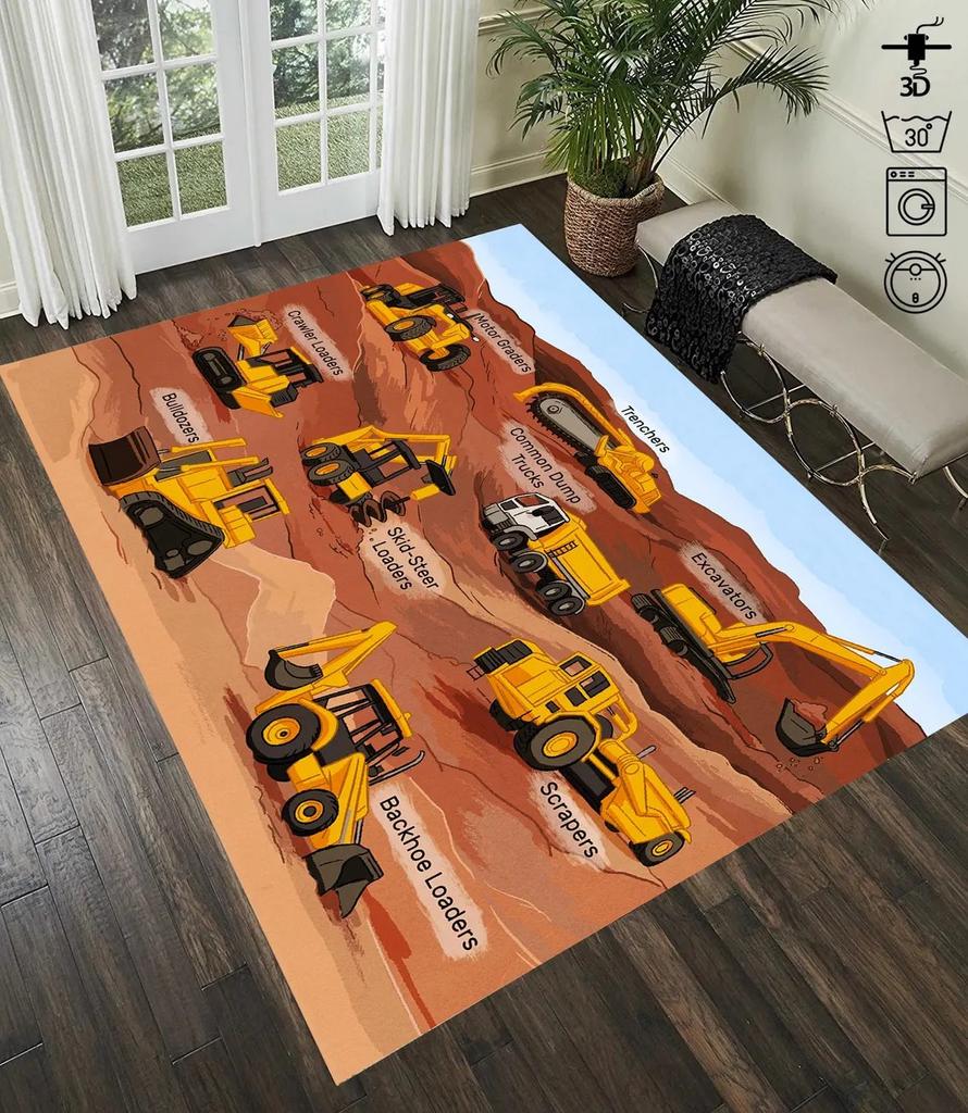 Construction Truck Area Rug – Kids Vehicle Themed Carpet – Non-Slip Floor Mat for Kids Bedroom,Playroom & Construction Fan Decor