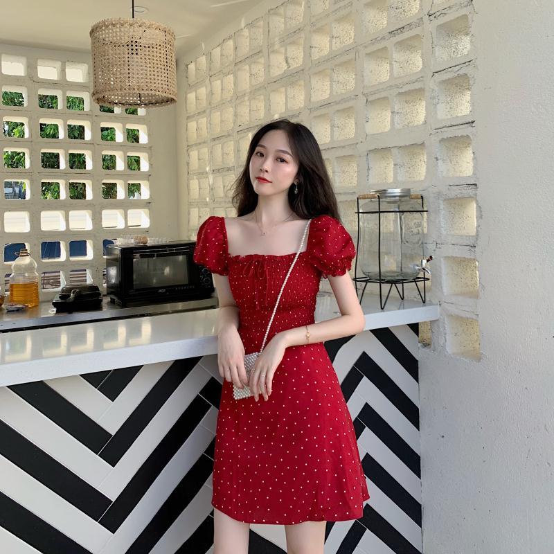 Летнее красное мини-платье в горошек, женские повседневные короткие платья с пышными рукавами, корейские модные халаты с квадратным воротником, женские