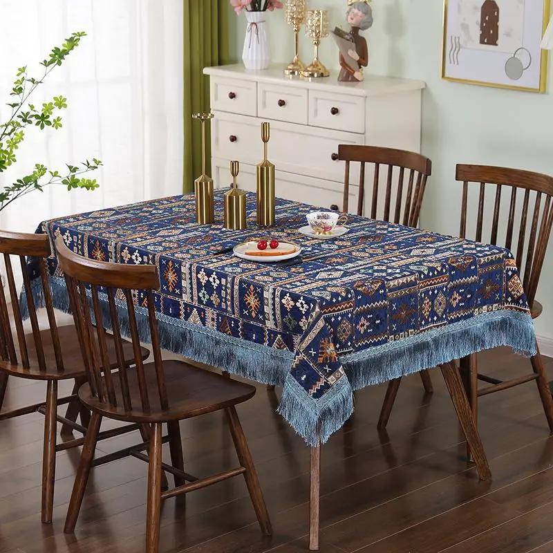 Geometric Patterns Chenille Tablecloth Tassel Edge Embroidered Dining Table Cover  Rectangular Thick Wear-resistant Table Cloth