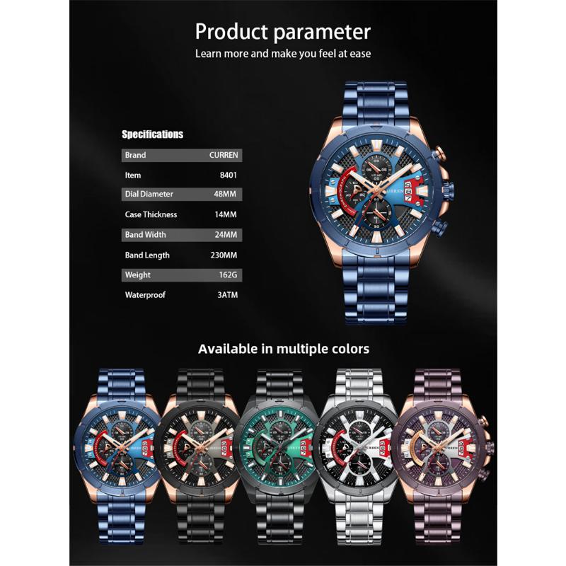 CURREN New Top Men's Watches Trendy Men's Waterproof Watches Six -needle Chronograph, Multi -functional Fashion Stream Steel Belt Watch