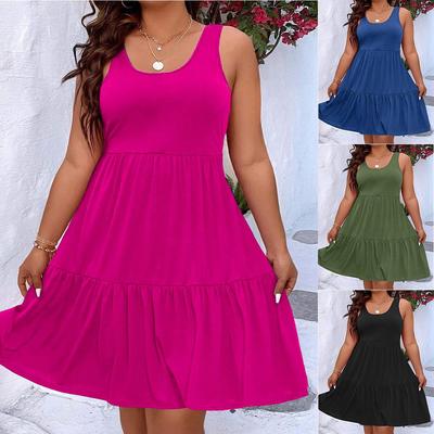 Платье миди без рукавов в европейском/американском стиле для женщин больших размеров, весна/лето 2024 г.. Повседневный и шикарный однотонный дизайн для повседневной носки.