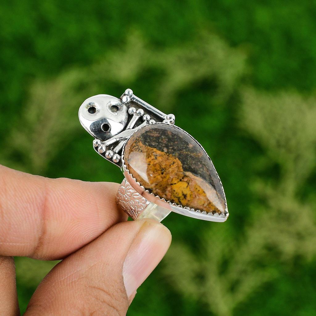 Natural Bauxite Promise Skull And Bone Yellow Adjustable Ring 925 Silver