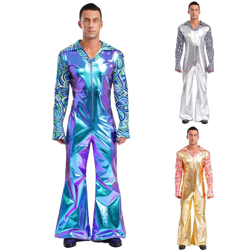 Men Hippie Romper V Neck Lapel Flare Sleeves Bell Bottom Jumpsuit Patchwork Design Music Festival Wear