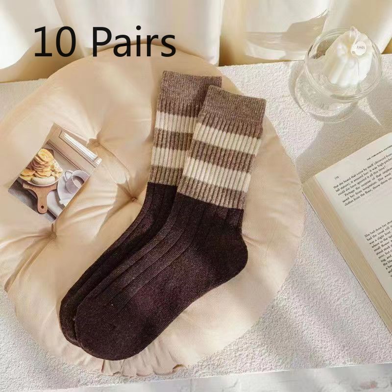 10 Pairs of Women's Autumn and Winter Socks Retro Thick Striped Tube Stack Socks