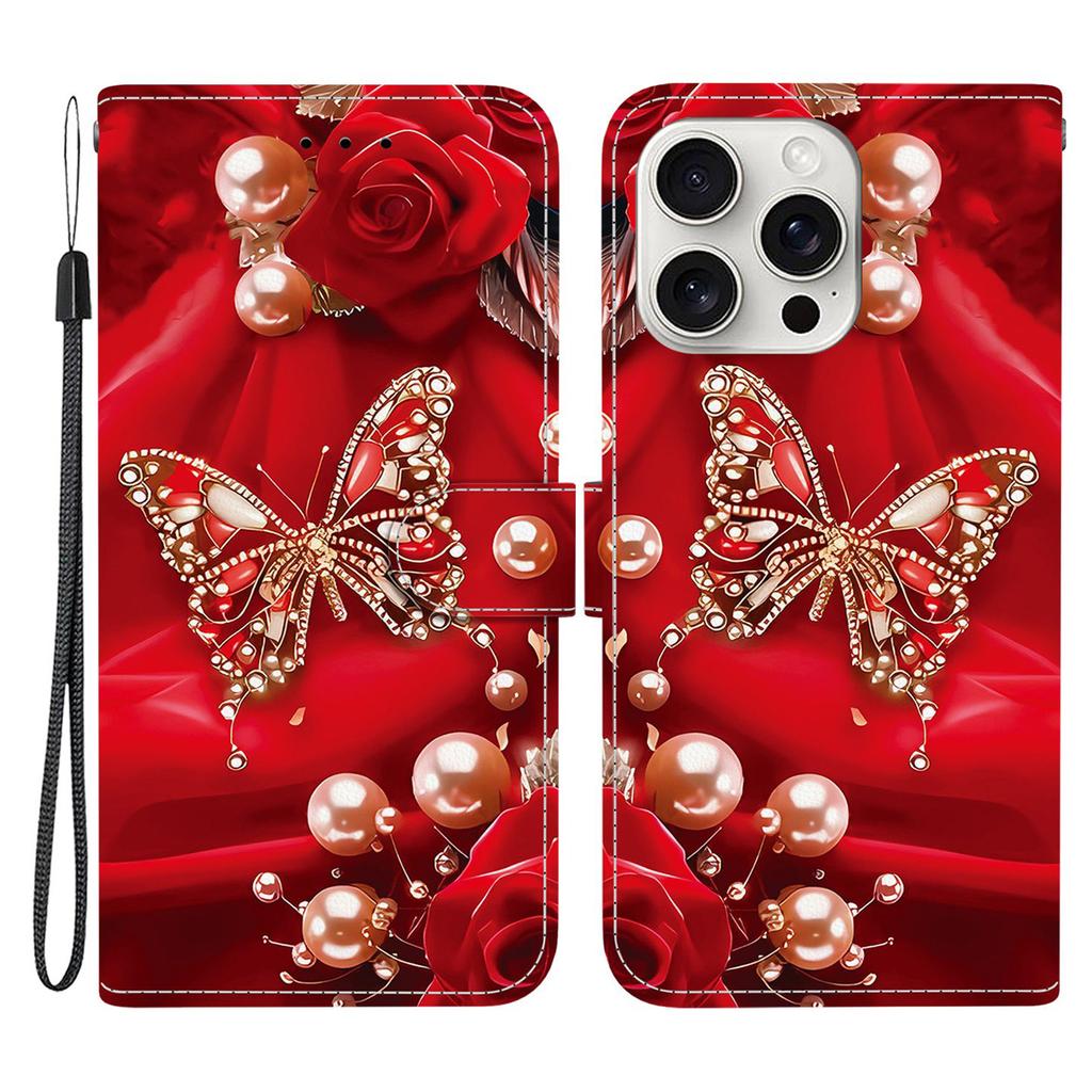 For iPhone 16 Pro Leather Case Stand Wallet Pattern Printing Phone Cover with Wrist Strap