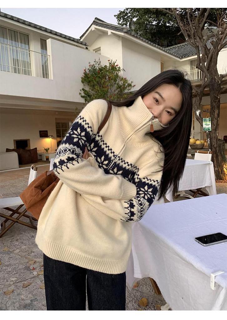Women's Retro Fair Isle High-Neck Half-Zip Sweater Pullover | 2026 Autumn/Winter Collection | Trendy, Loose Jacquard Knit Top