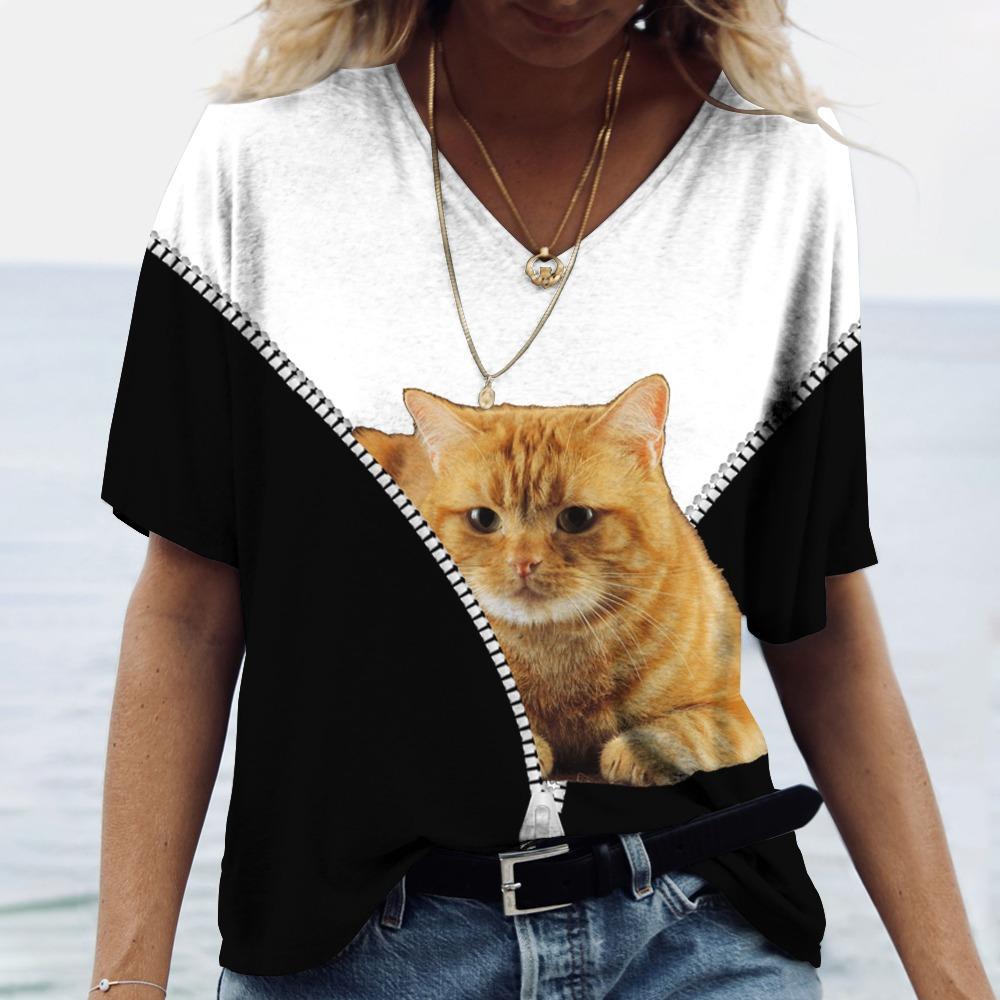 Футболка с 3D принтом кота, женские футболки большого размера с v-образным вырезом, топы, женские повседневные модные футболки с короткими рукавами, уличная одежда, женская одежда Y2k