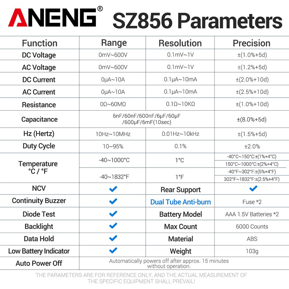 Aneng Цифровой мультиметр SZ856, 6000 отсчетов, защита от перегрузки, тестер напряжения и тока AC/DC, NCV, измерение емкости и температуры, высокая точность, инструменты для электрика