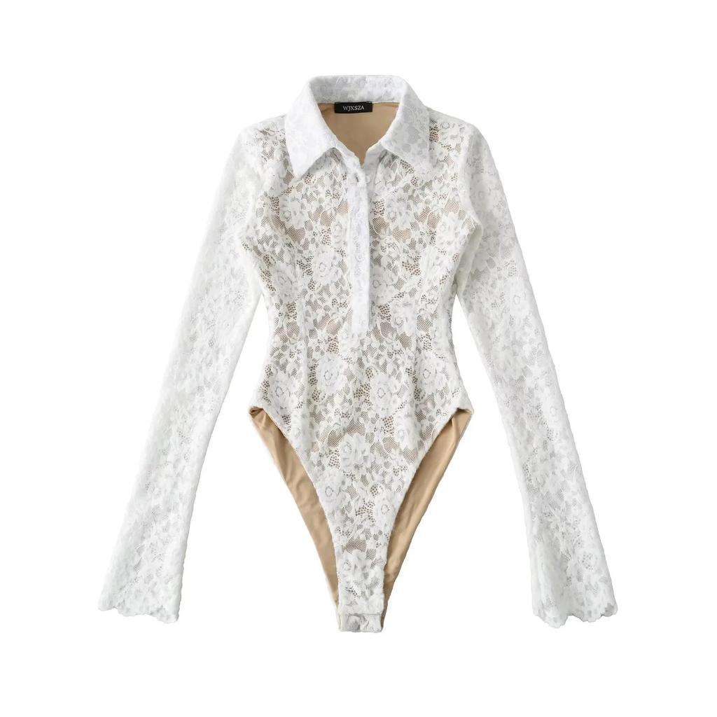 Европейский модный боди с кружевной отделкой и воротником-лацканами