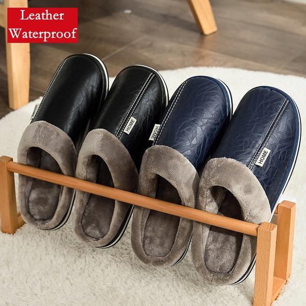 Новые мужские зимние домашние тапочки, осенняя нескользящая домашняя обувь для мужчин, кожаная домашняя обувь, водонепроницаемые теплые тапочки