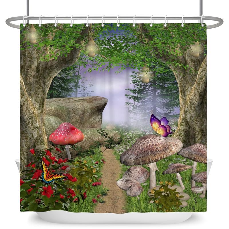 Зачарованный лес Занавеска для душа Мультяшная Волшебная сказка Грибная Страна чудес Готическая занавеска для душа Водонепроницаемый декор для ванны с крючками