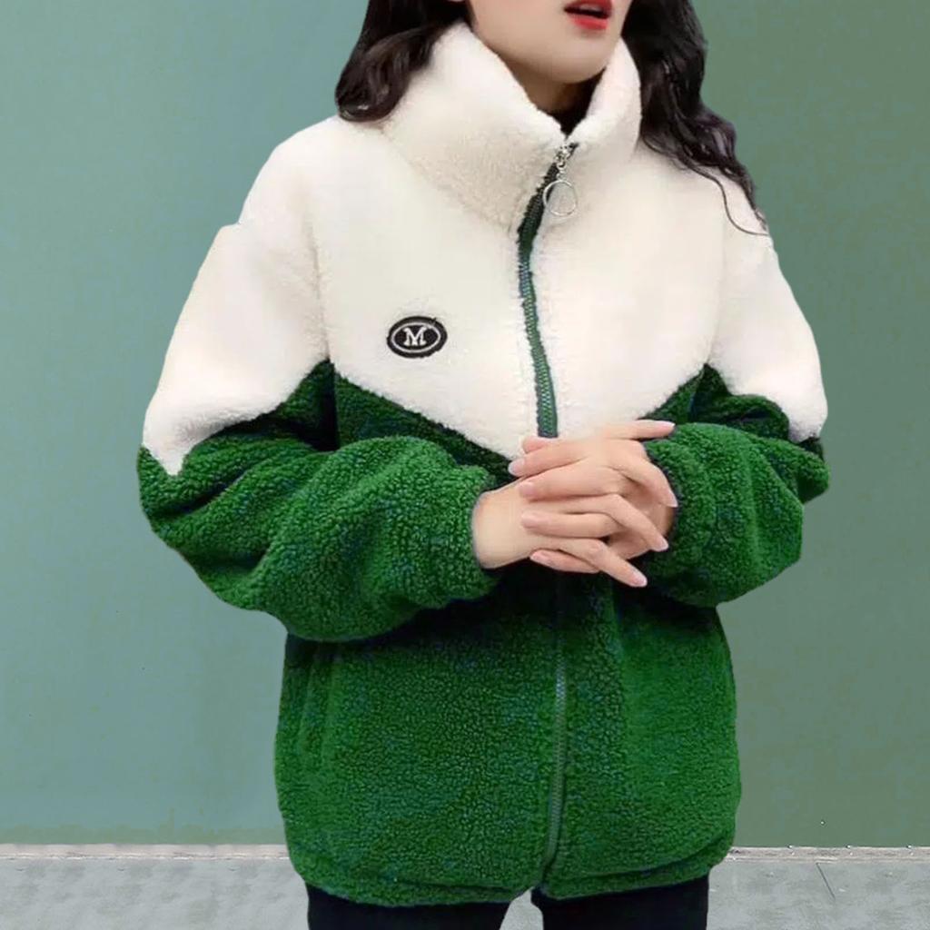 Зимнее женское пальто, толстое плюшевое, воротник-стойка, застежка-молния, вельветовая куртка, цветной блок, длинные рукава, карманы, кардиган, верхняя одежда