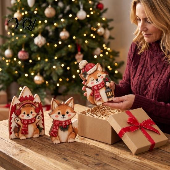 Small Wooden Desktop Statues 3Pcs Christmas Fox Tabletop Decor, Cute Cartoon Laser-Cut Solid Wood Decor Figurines, Farmhouse Holiday Mantel