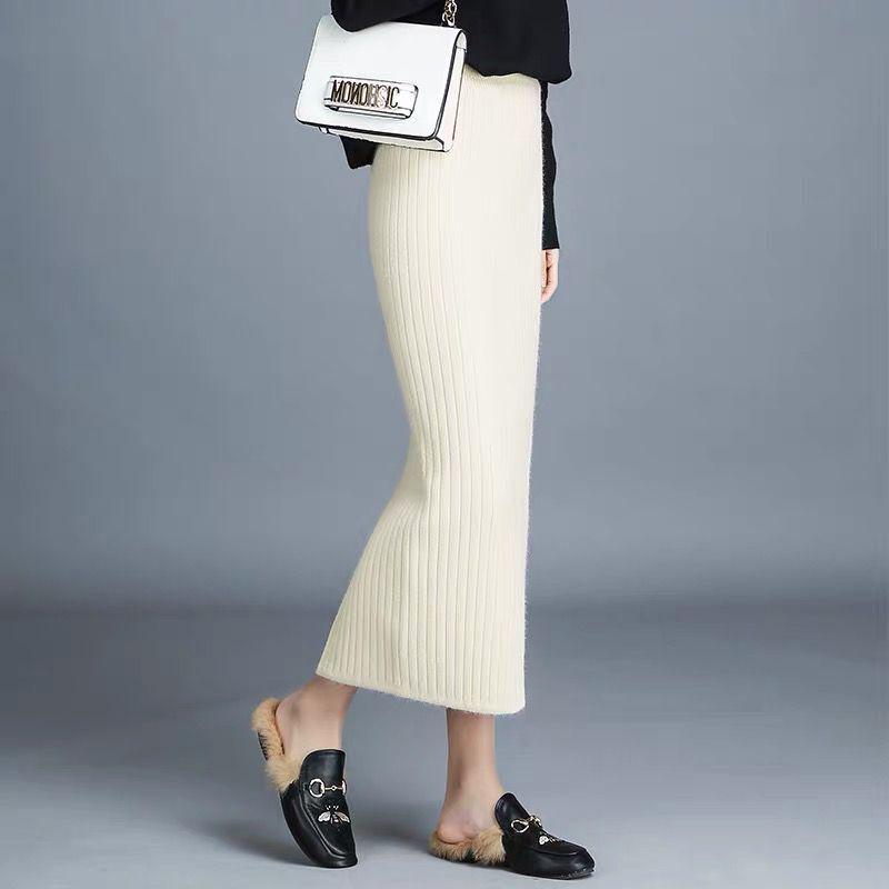 Женская трикотажная шерстяная юбка с высокой талией 2021 года: Осень/Зима, Плотный, Длинный, Приталенный, с разрезом