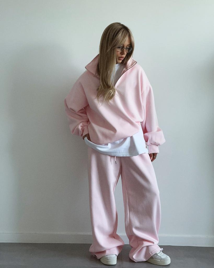 Fashion Half-Zip Long Sleeve Sweatshirt and Jogger Set Oversize Hooded Pullover Lounge Two-Piece Outfit for Women Cotton