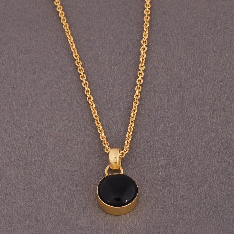 Black Onyx Round Gemstone Yellow Gold Necklace, Handmade Jewelry, Women Necklace, Valentine Jewelry, 925 Silver Necklace
