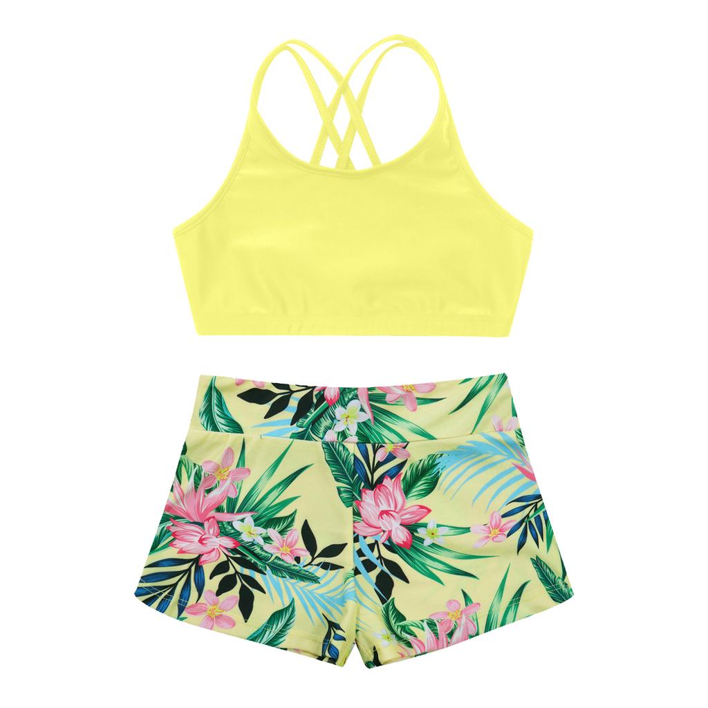 Girls Swimsuit 2PCS Set Racer Back Top with Short Dance Sport Outfits Gymnastics Swimming Clothes