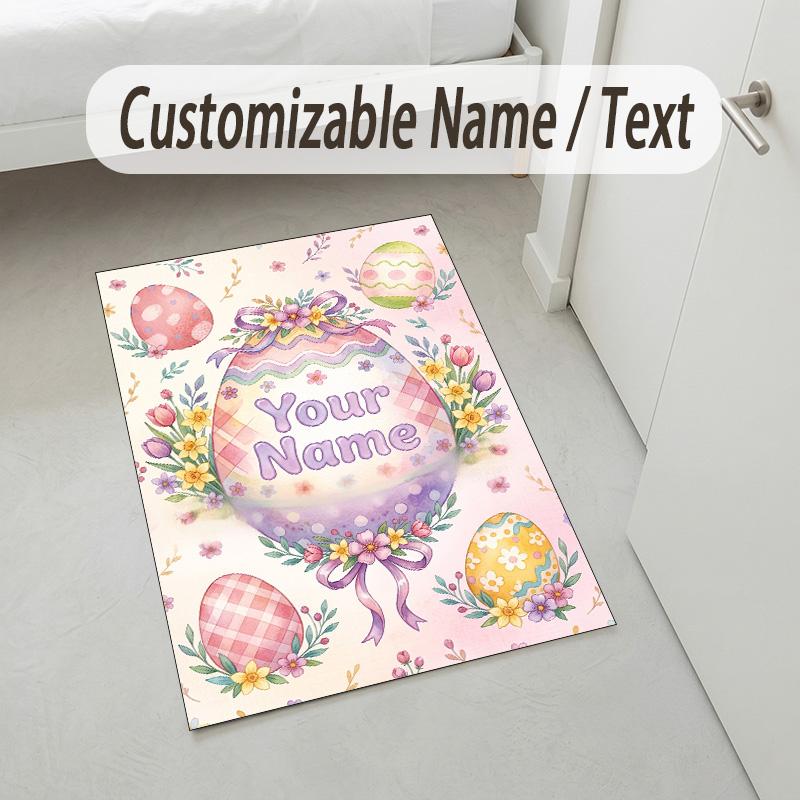 Easter Bunny Theme Crystal Velvet Rug Personalized Custom Name Text Soft Floor Mat Home Decor