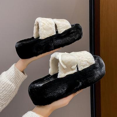 Женские меховые тапочки на толстой платформе, зимние модные повседневные уличные тапочки с открытым носком, мягкие плюшевые тапочки для дома и дома, пушистые тапочки