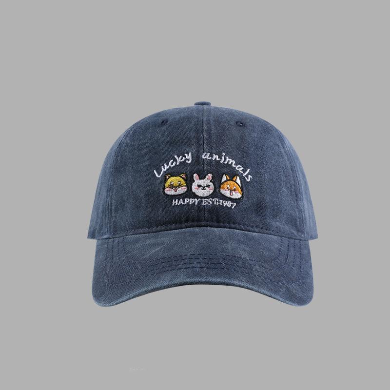 Washed retro hat women's new cartoon animal embroidered baseball cap sweet sunshade duck tongue