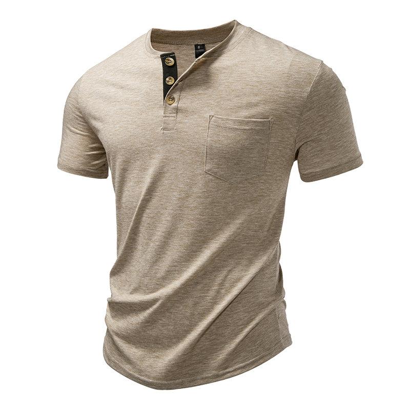 Men's Summer Solid Color Pocket T-Shirts Button Henry Collar Casual Daily Office Short Sleeve Top Tees Hip Hop Streetwear Tee